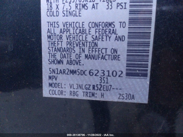 2013 NISSAN PATHFINDER SL VIN: 5N1AR2MM5DC623102