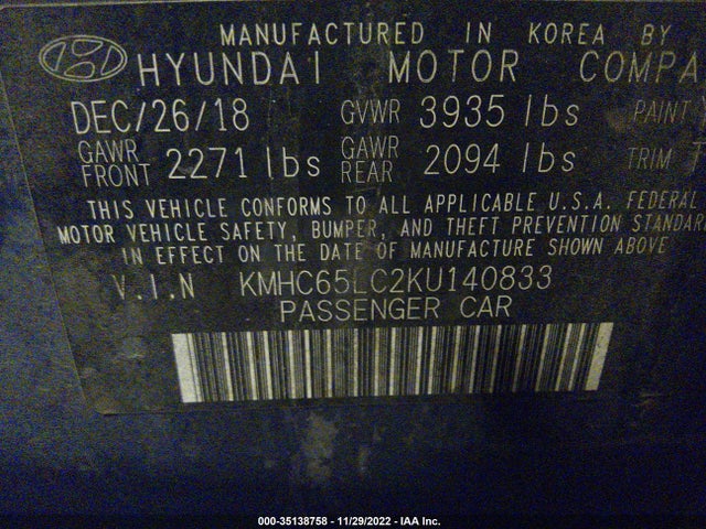 2019 Hyundai Ioniq, VIN: KMHC65LC2KU140833