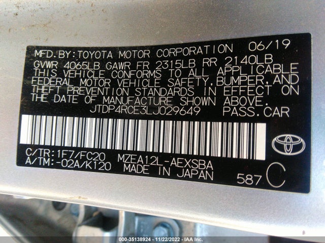 2020 TOYOTA COROLLA SE VIN: JTDP4RCE3LJ029649