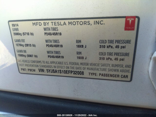 Tesla Model S 60 Kwh Battery 2014 5YJSA1S10EFP32008 Image 11