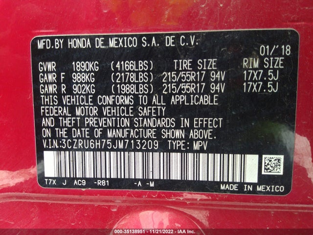 2018 Honda HR-V, VIN: 3CZRU6H75JM713209
