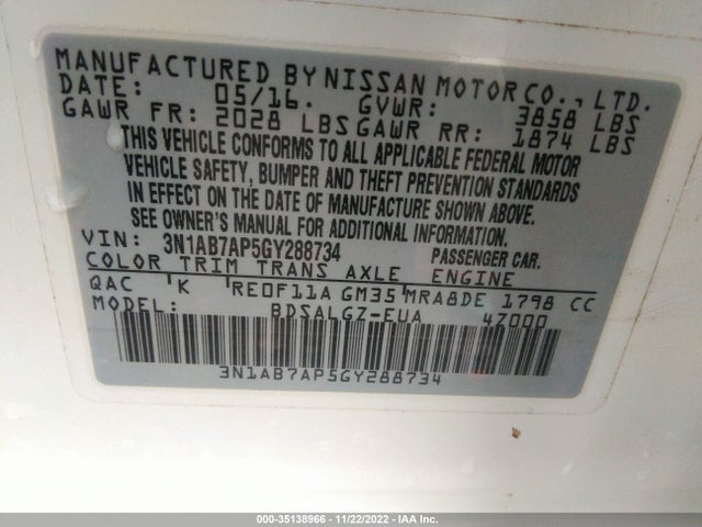 2016 NISSAN SENTRA SL VIN: 3N1AB7AP5GY288734