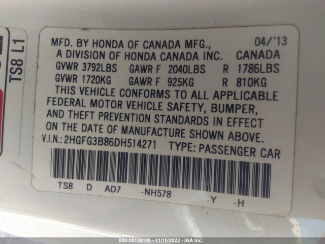 2013 HONDA CIVIC CPE EX VIN: 2HGFG3B86DH514271