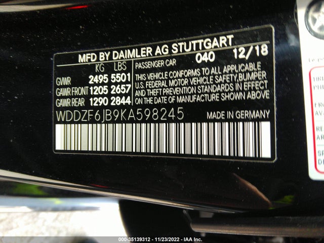 2019 Mercedes-Benz E-Class, VIN: WDDZF6JB9KA598245