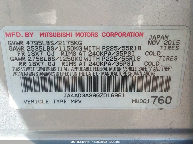2016 Mitsubishi Outlander, VIN: JA4AD3A39GZ016961