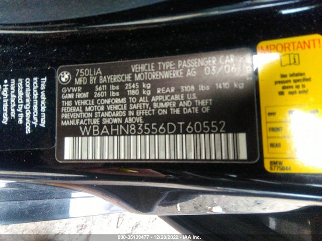 2006 BMW 7 SERIES 750LI VIN: WBAHN83556DT60552