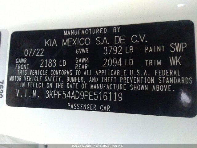 2023 KIA FORTE GT LINE VIN: 3KPF54AD9PE516119