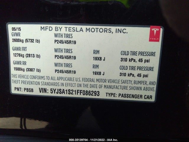 2015 Tesla Model S, VIN: 5YJSA1S21FF086293