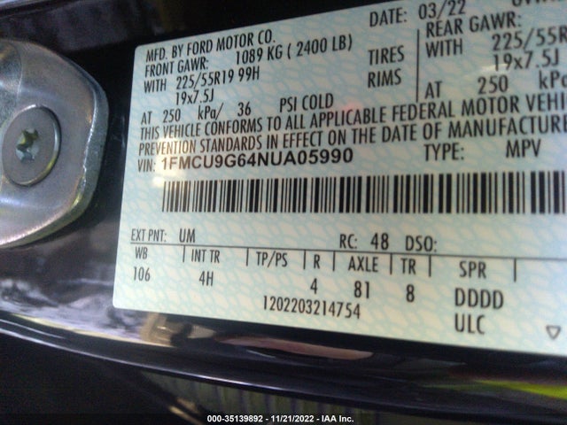 2022 Ford Escape, VIN: 1FMCU9G64NUA05990