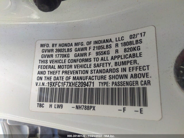 2017 HONDA CIVIC SEDAN EX-L VIN: 19XFC1F7XHE209471