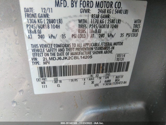 Lincoln MKX 2012 2LMDJ6JK2CBL14205 Image 9