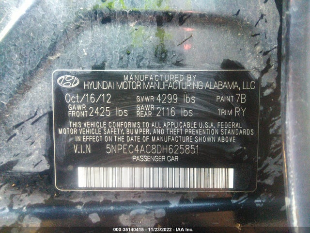 2013 HYUNDAI SONATA LIMITED VIN: 5NPEC4AC8DH625851