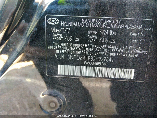 2018 HYUNDAI ELANTRA SEL VIN: 5NPD84LF8JH229841