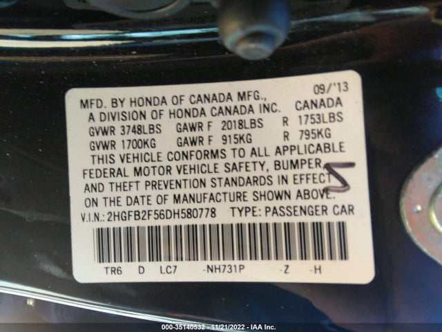 2013 HONDA CIVIC SDN LX VIN: 2HGFB2F56DH580778