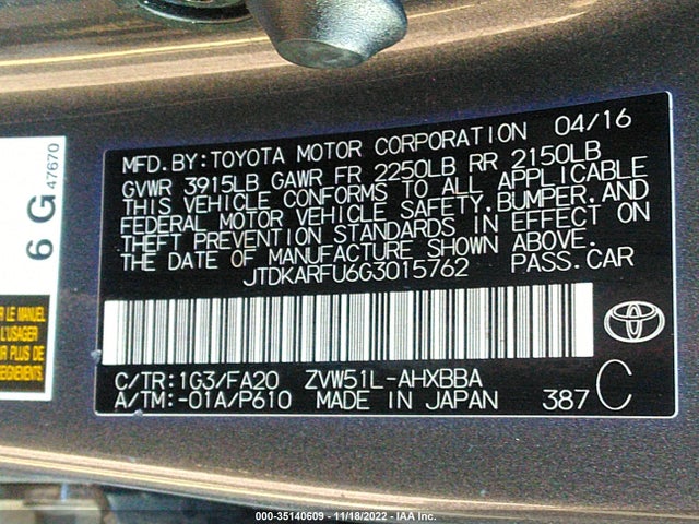 2016 Toyota Prius, VIN: JTDKARFU6G3015762