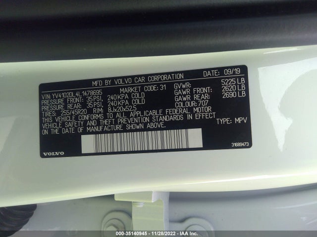 2020 Volvo XC60, VIN: YV4102DL4L1478695