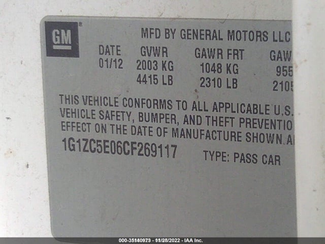 2012 CHEVROLET MALIBU LT W/1LT VIN: 1G1ZC5E06CF269117