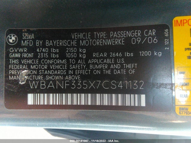 2007 BMW 5 SERIES 525XI VIN: WBANF335X7CS41132