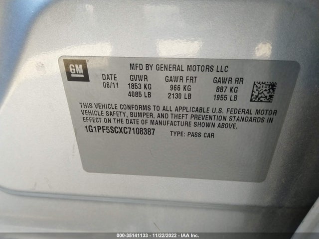 2012 CHEVROLET CRUZE LT W/1LT VIN: 1G1PF5SCXC7108387