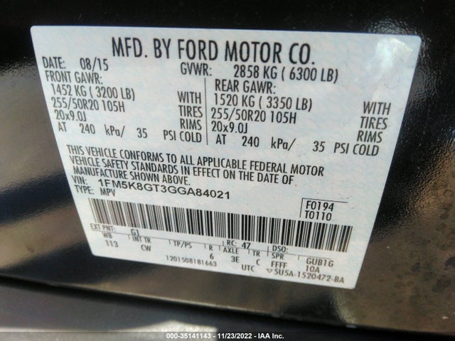 2016 FORD EXPLORER SPORT VIN: 1FM5K8GT3GGA84021