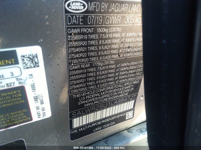 2020 Land Rover Range Rover Sport, VIN: SALWR2SU1LA884727