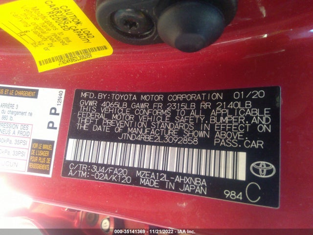2020 TOYOTA COROLLA HATCHBACK SE/XSE/NIGHTSHADE VIN: JTND4RBE2L3092858
