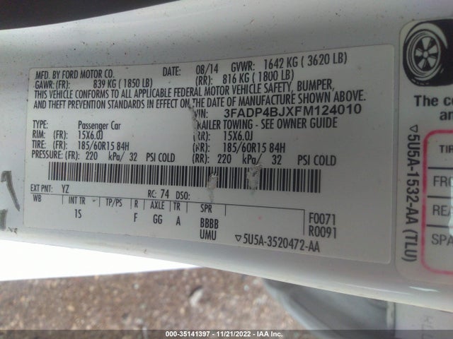2015 FORD FIESTA SE VIN: 3FADP4BJXFM124010