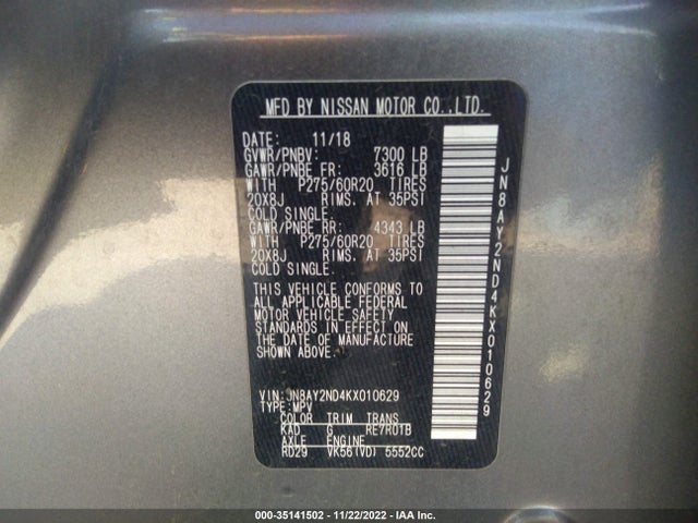 2019 Nissan Armada, VIN: JN8AY2ND4KX010629