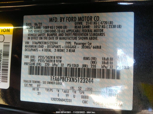 2022 Ford Mustang, VIN: 1FA6P8CFXN5123244