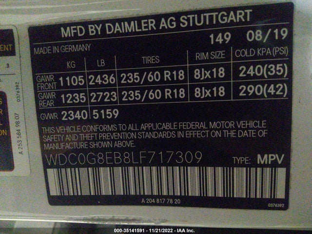 2020 Mercedes-Benz GLC-Class, VIN: WDC0G8EB8LF717309