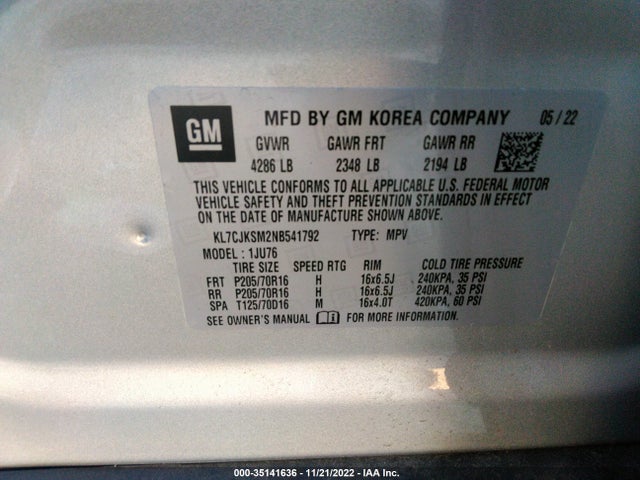 2022 Chevrolet Trax, VIN: KL7CJKSM2NB541792