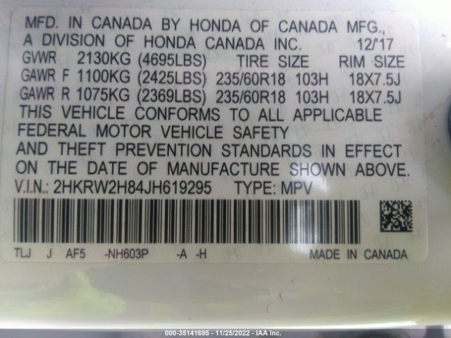 2HKRW2H84JH619295 Honda Cr-v Ex-l/ex-l Navi