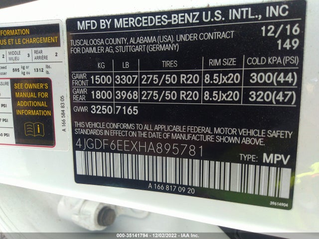 2017 Mercedes-Benz GL-Class, VIN: 4JGDF6EEXHA895781