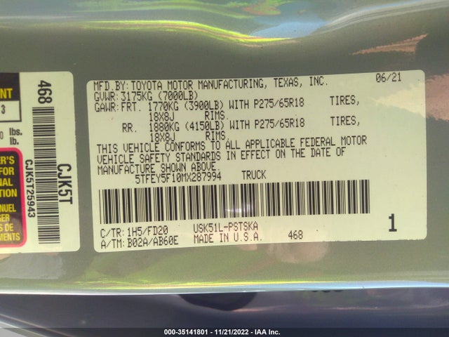 2021 Toyota Tundra, VIN: 5TFEY5F10MX287994