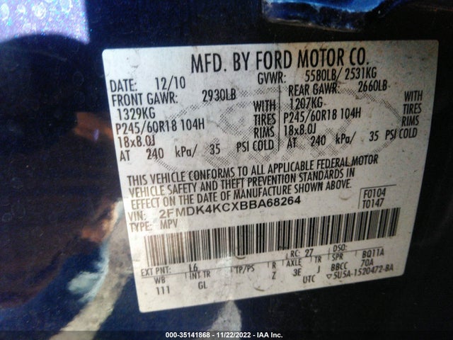 2011 FORD EDGE LIMITED VIN: 2FMDK4KCXBBA68264