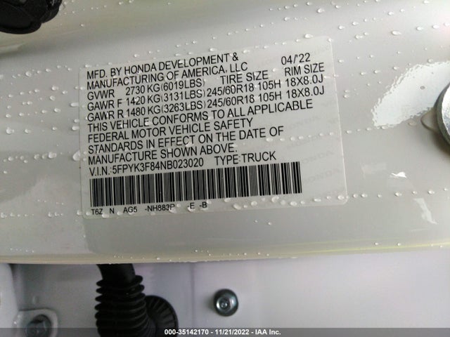 2022 Honda Ridgeline, VIN: 5FPYK3F84NB023020