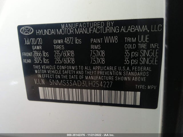 2020 Hyundai Santa Fe, VIN: 5NMS33AD3LH254227