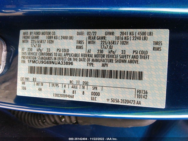 2022 Ford Escape, VIN: 1FMCU9G69NUA33896