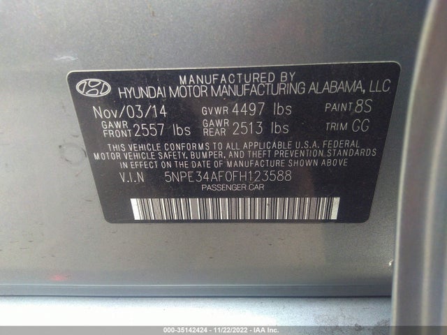 2015 HYUNDAI SONATA 2.4L SPORT VIN: 5NPE34AF0FH123588