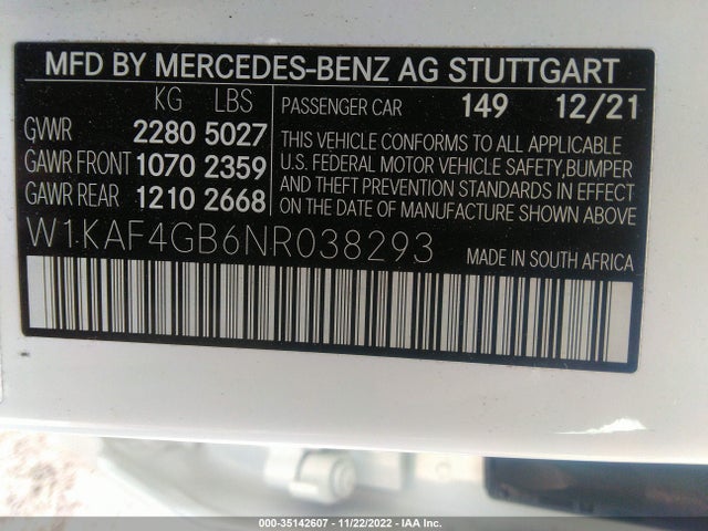2022 Mercedes-Benz C-Class, VIN: W1KAF4GB6NR038293