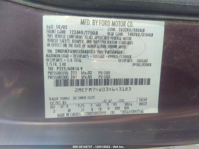2003 MERCURY GRAND MARQUIS GS VIN: 2MEFM74W03X643183