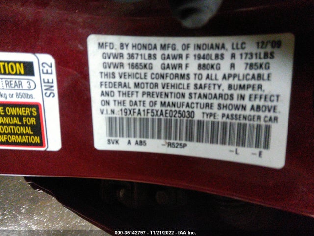 2010 HONDA CIVIC SDN LX VIN: 19XFA1F5XAE025030