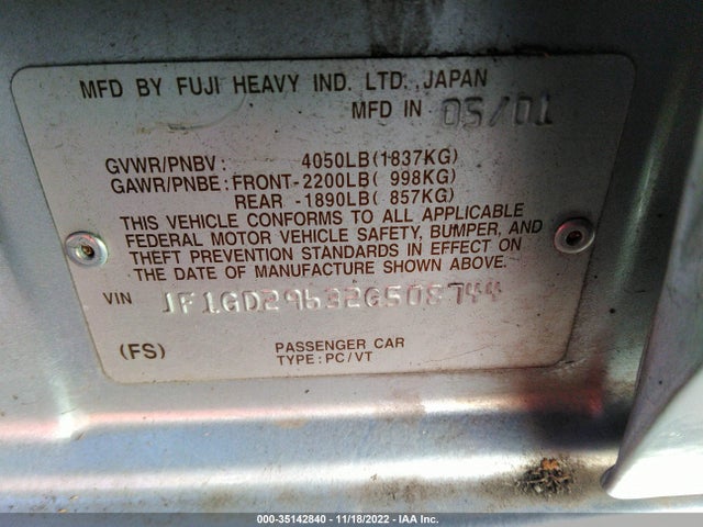 Subaru IMPREZA SEDAN WRX 2002 JF1GD29632G508744 Image 9
