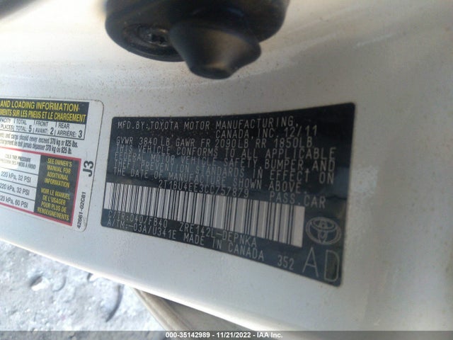 2012 TOYOTA COROLLA L/LE/S VIN: 2T1BU4EE3CC757879