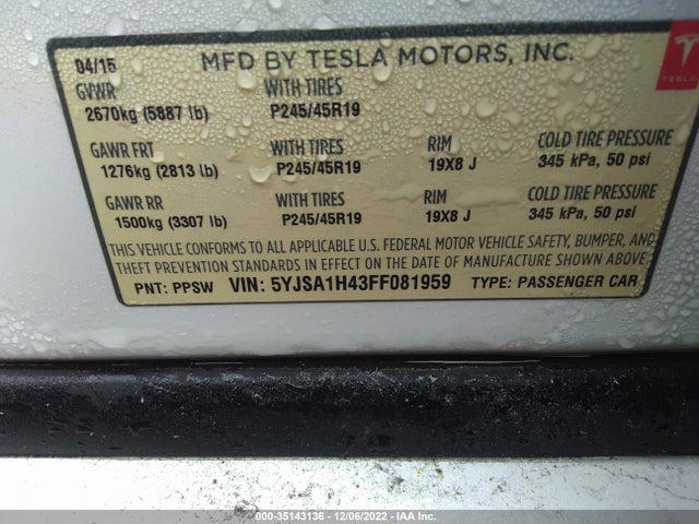 Tesla Model S 85d/p85d/90d/p90d 2015 5YJSA1H43FF081959 Image 9