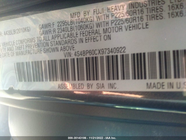 2009 SUBARU OUTBACK VIN: 4S4BP60CX97340922