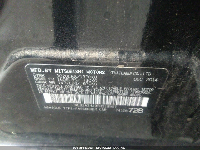 2015 MITSUBISHI MIRAGE DE/RF VIN: ML32A3HJ9FH038957