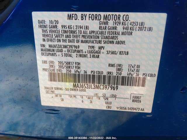 2021 Ford Ecosport, VIN: MAJ6S3JL3MC397969
