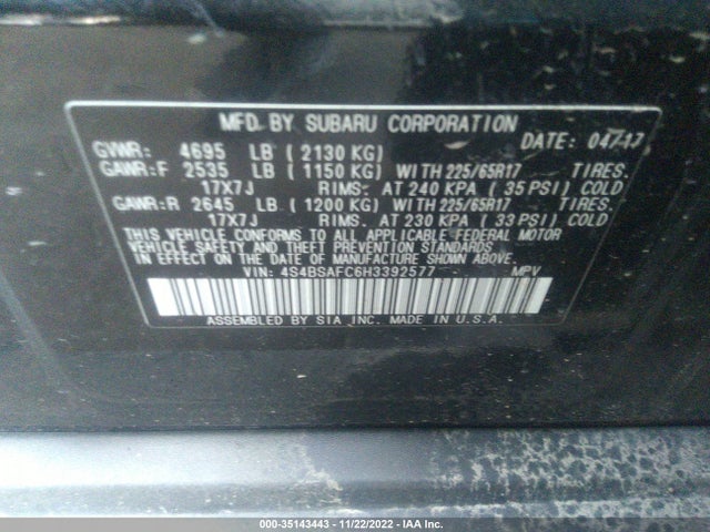 2017 SUBARU OUTBACK PREMIUM VIN: 4S4BSAFC6H3392577