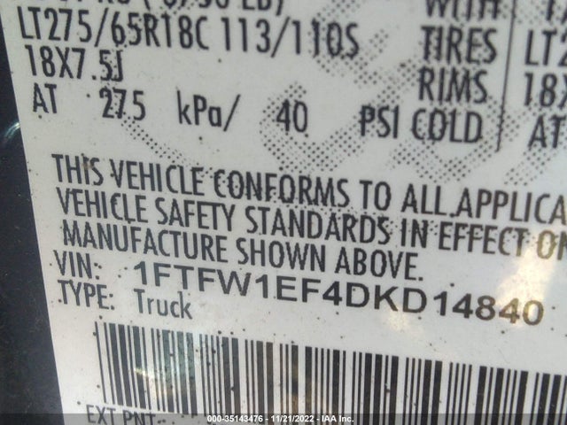2013 FORD F-150 XL/XLT/FX4/LARIAT VIN: 1FTFW1EF4DKD14840